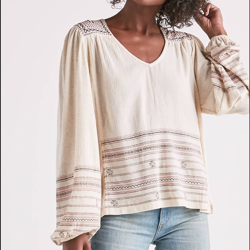 Boho Natural Embroidered Peasant Top NWT